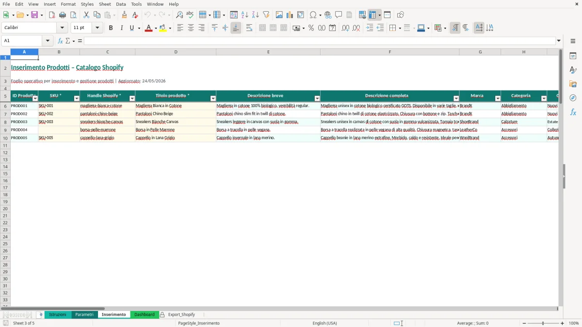 Screenshot 3: Foglio Inserimento - Modello Excel scheda prodotto shopify excel