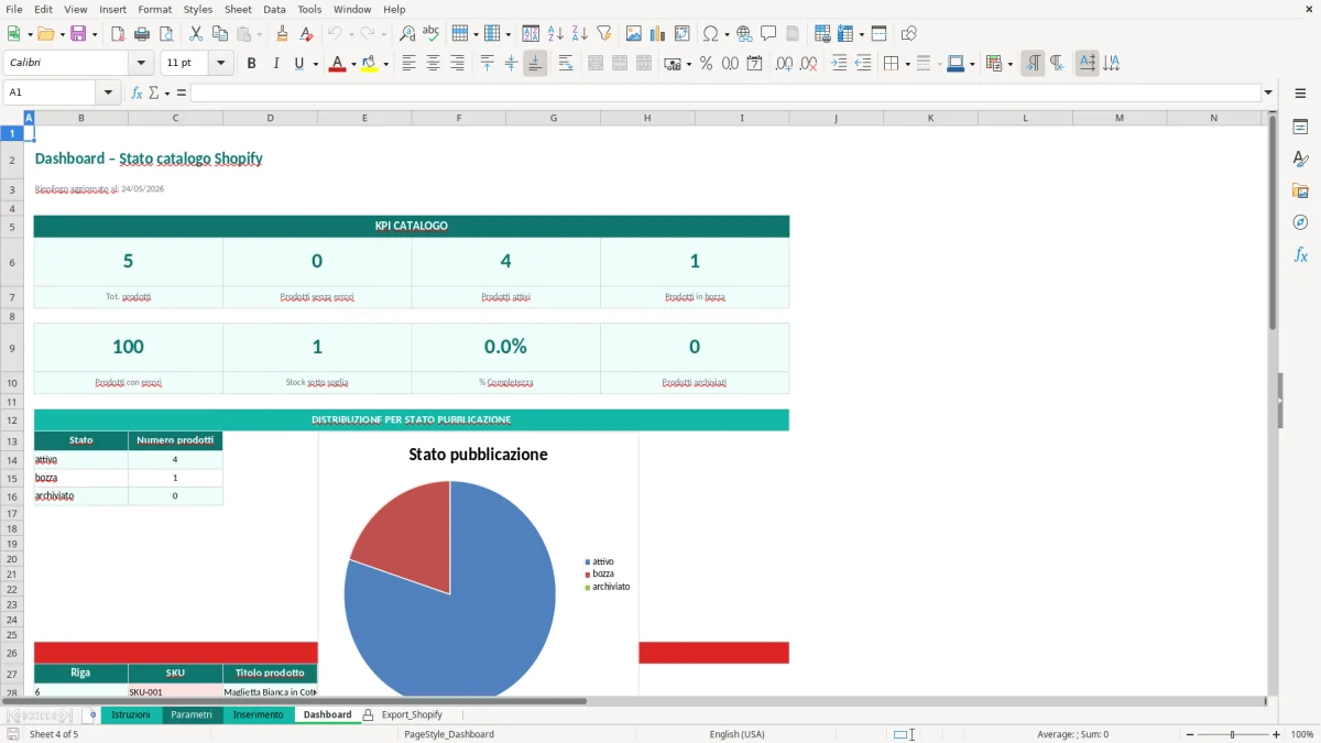 Screenshot 4: Foglio Dashboard - Modello Excel scheda prodotto shopify excel