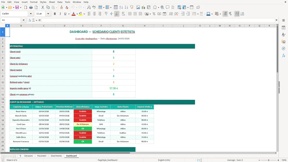 Screenshot 1: Foglio Istruzioni - Modello Excel schedario clienti estetista excel