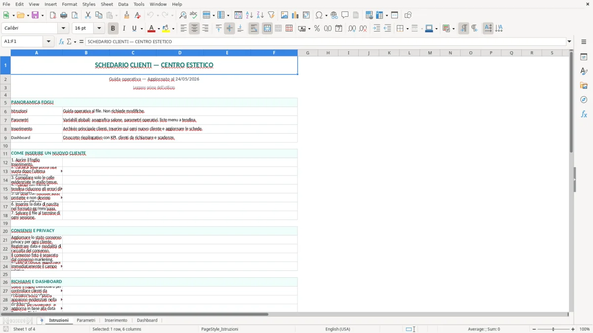 Screenshot 2: Foglio Parametri - Modello Excel schedario clienti estetista excel