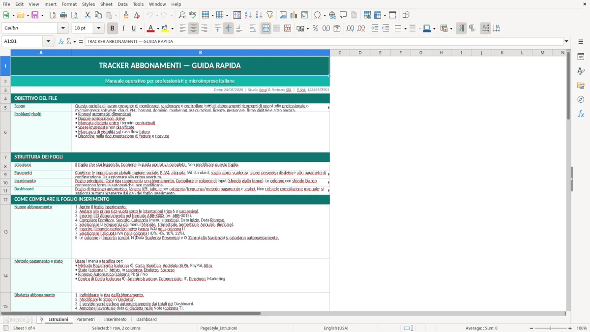 Screenshot 1: Foglio Istruzioni - Modello Excel tracker abbonamenti excel