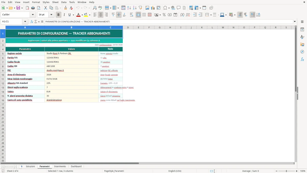 Screenshot 2: Foglio Parametri - Modello Excel tracker abbonamenti excel
