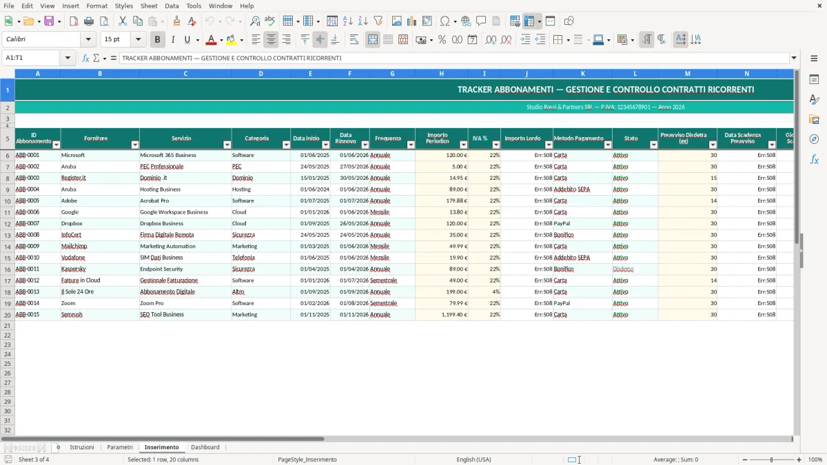 Screenshot 3: Foglio Inserimento - Modello Excel tracker abbonamenti excel