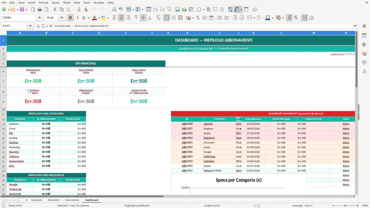 Screenshot 4: Foglio Dashboard - Modello Excel tracker abbonamenti excel