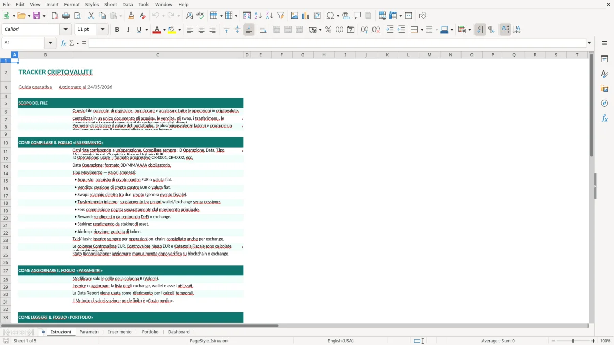 Screenshot 1: Foglio Istruzioni - Modello Excel tracker criptovalute excel
