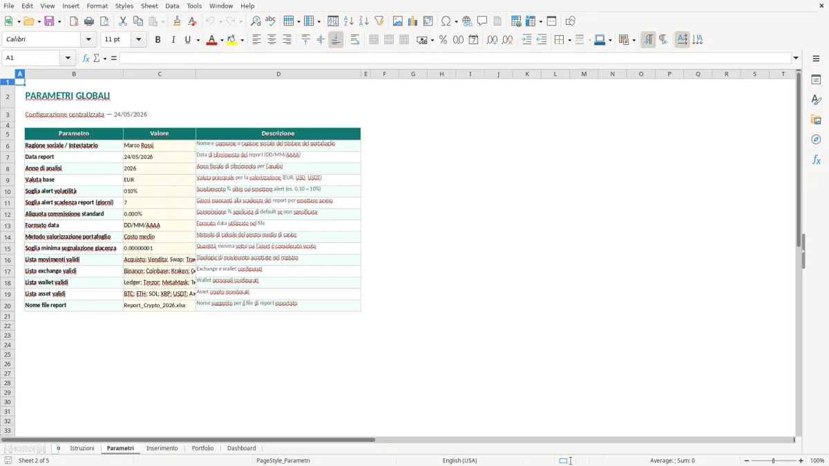 Screenshot 2: Foglio Parametri - Modello Excel tracker criptovalute excel