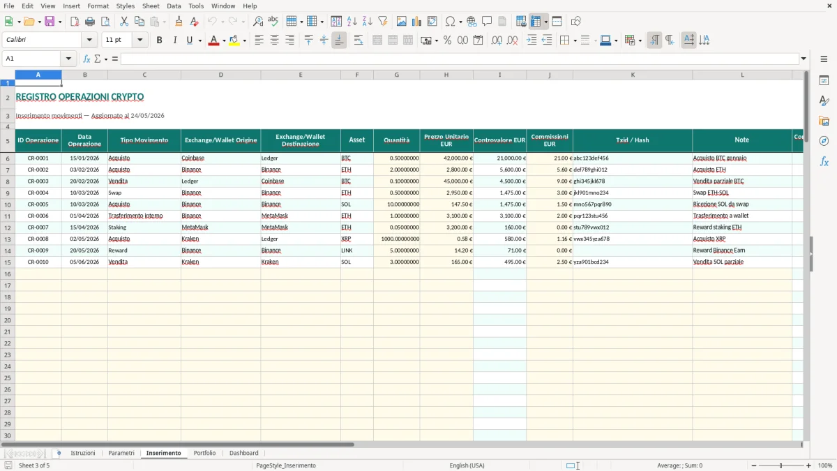 Screenshot 3: Foglio Movimenti - Modello Excel tracker criptovalute excel