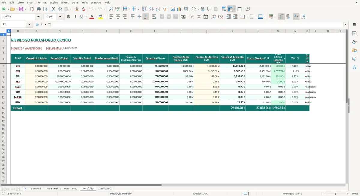 Screenshot 4: Foglio Portafoglio - Modello Excel tracker criptovalute excel