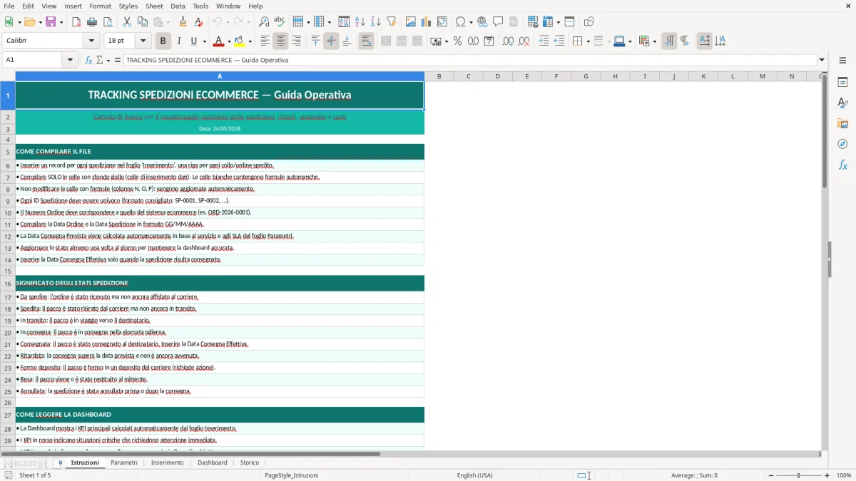 Screenshot 1: Foglio Istruzioni - Modello Excel tracking spedizioni ecommerce excel