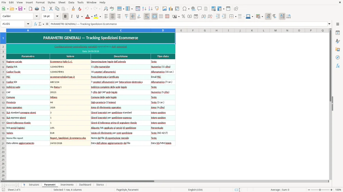 Screenshot 2: Foglio Parametri - Modello Excel tracking spedizioni ecommerce excel
