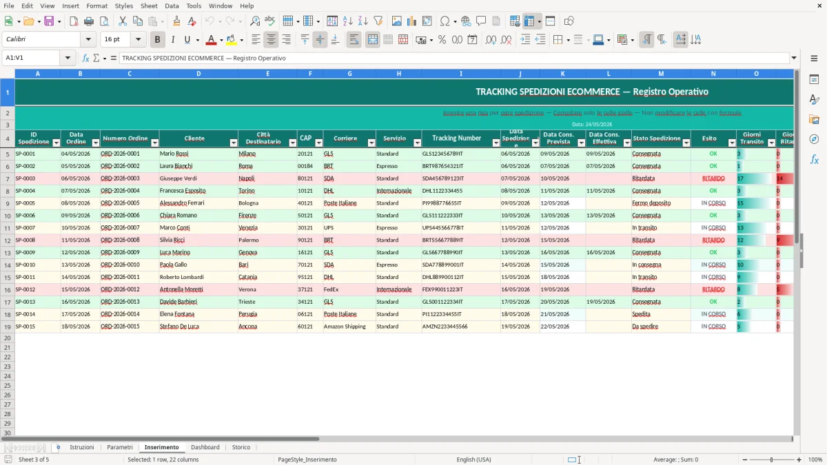 Screenshot 3: Foglio Inserimento - Modello Excel tracking spedizioni ecommerce excel