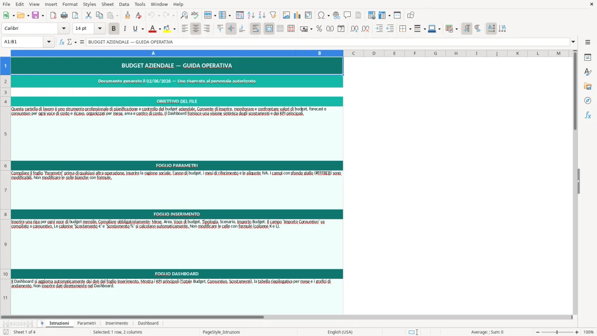 Screenshot 1: Foglio Istruzioni - Modello Excel budget aziendale excel