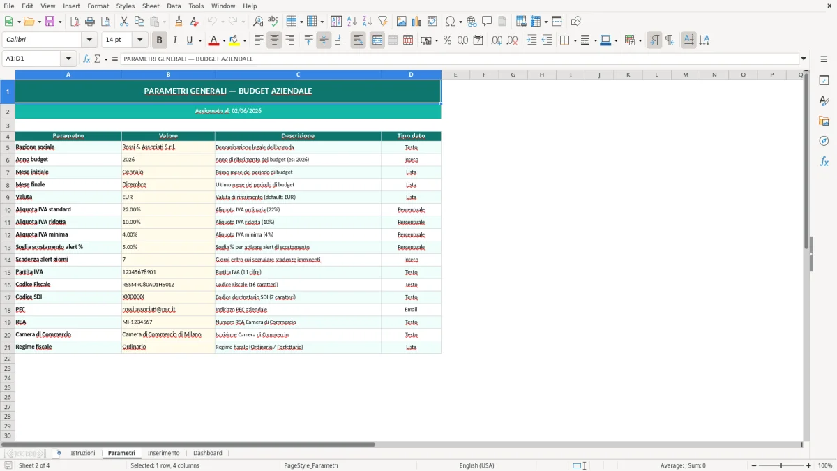 Screenshot 2: Foglio Parametri - Modello Excel budget aziendale excel
