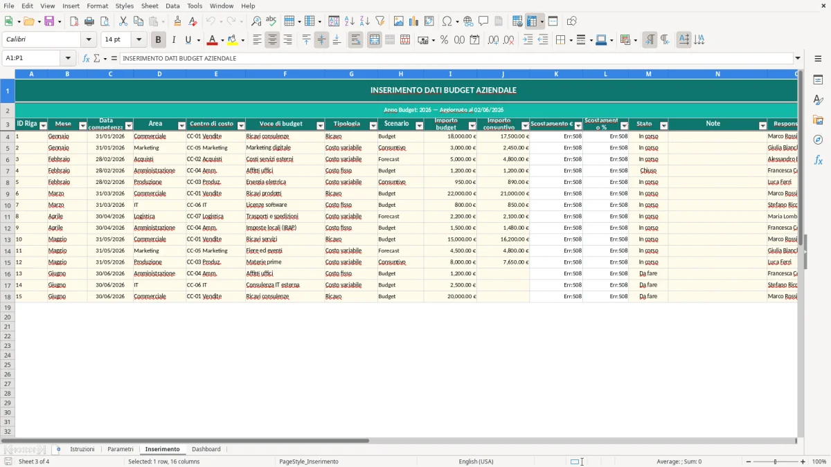 Screenshot 3: Foglio Inserimento - Modello Excel budget aziendale excel