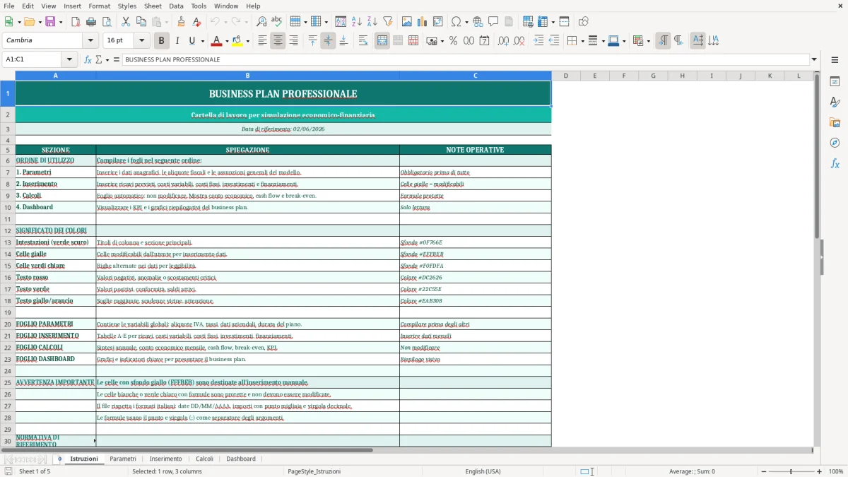 Screenshot 1: Foglio Istruzioni - Modello Excel business plan excel