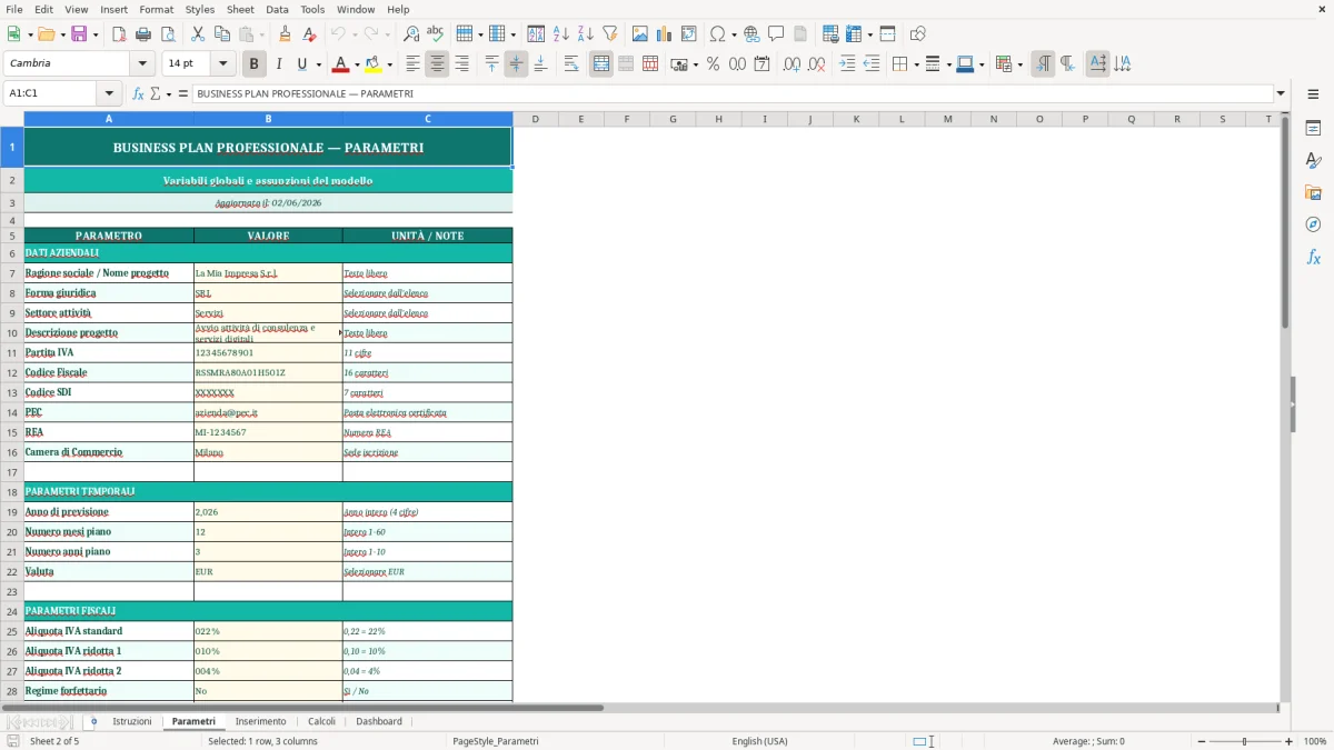 Screenshot 2: Foglio Parametri - Modello Excel business plan excel