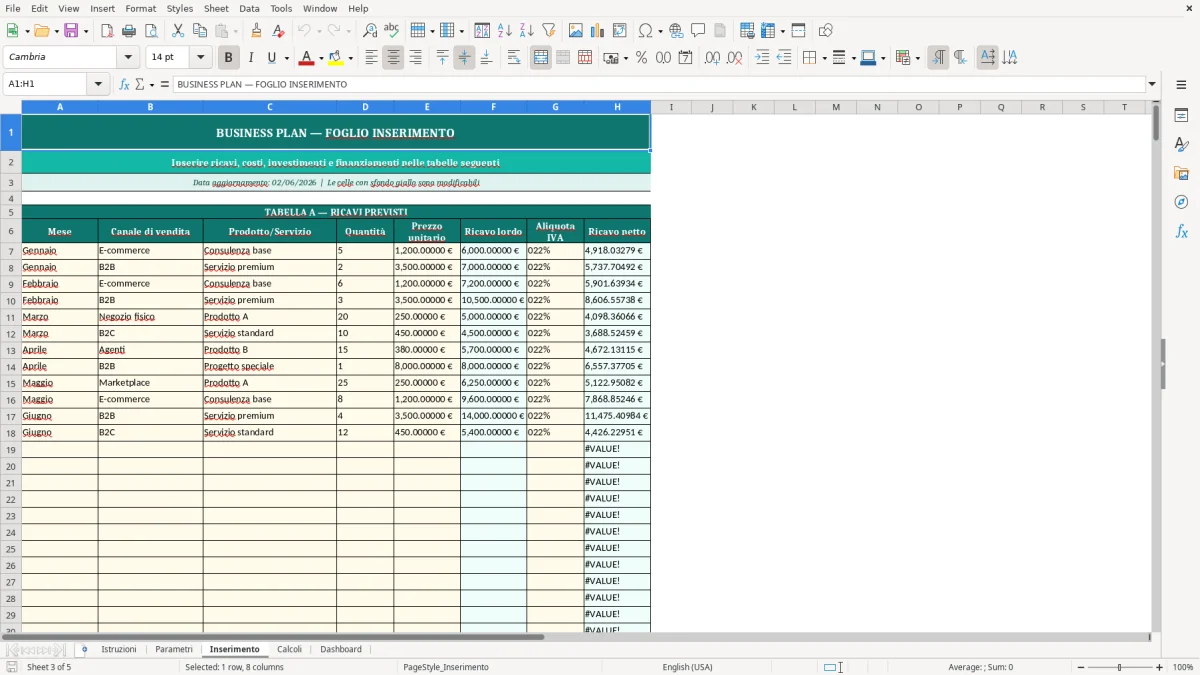 Screenshot 3: Foglio Inserimento - Modello Excel business plan excel