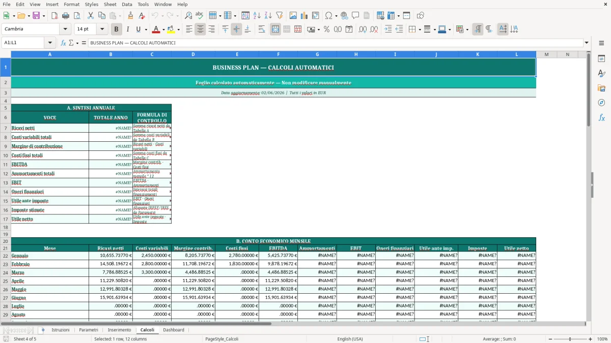 Screenshot 4: Foglio Calcoli - Modello Excel business plan excel