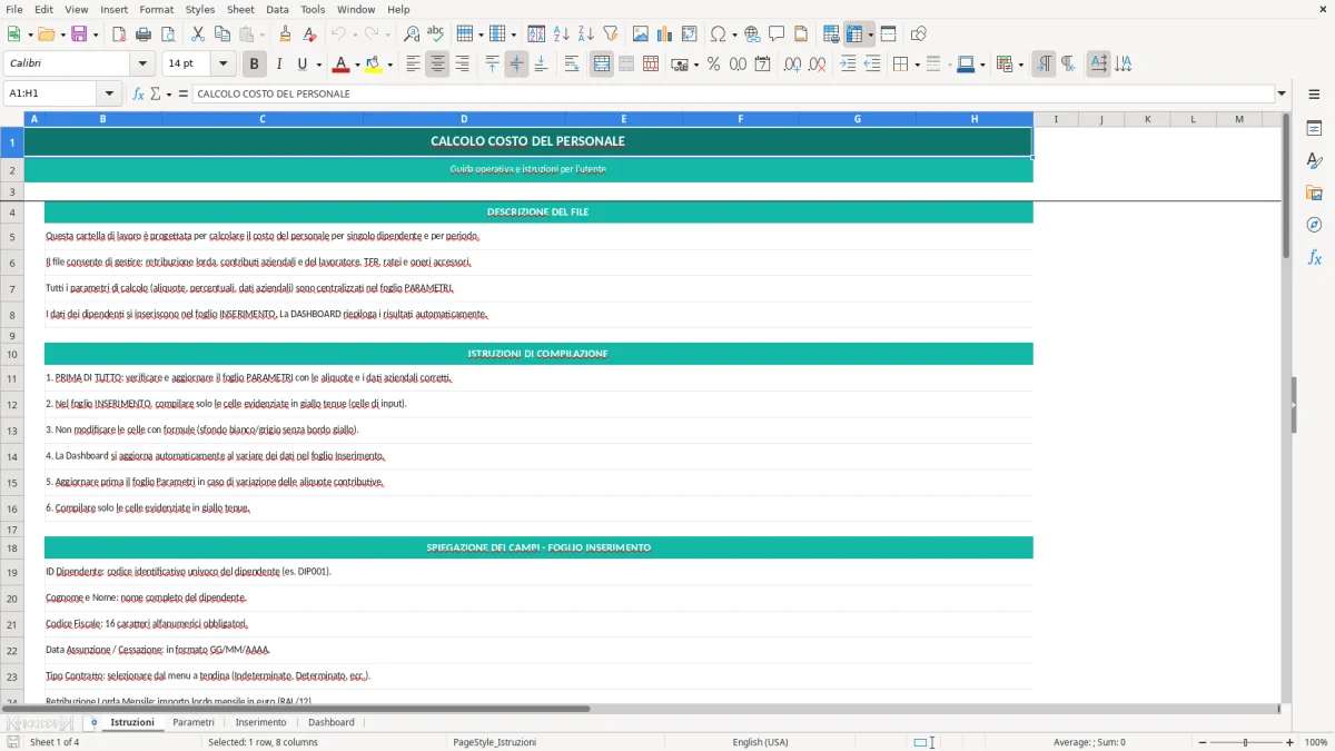 Screenshot 1: Foglio Istruzioni - Modello Excel calcolo costo del personale excel