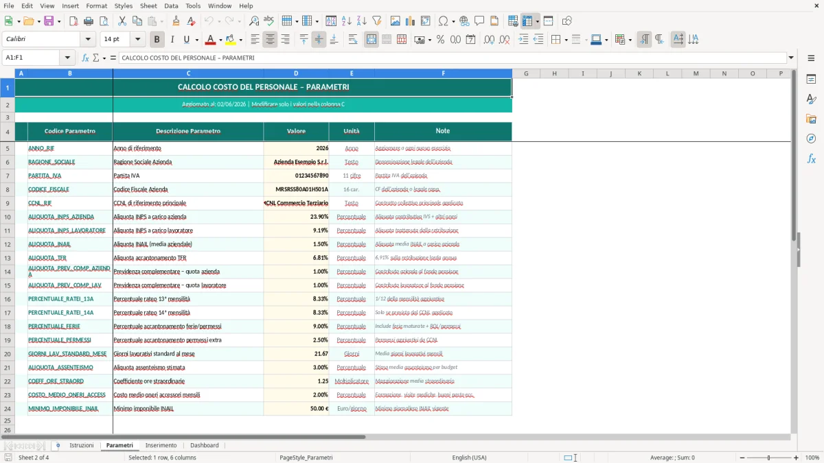 Screenshot 2: Foglio Parametri - Modello Excel calcolo costo del personale excel