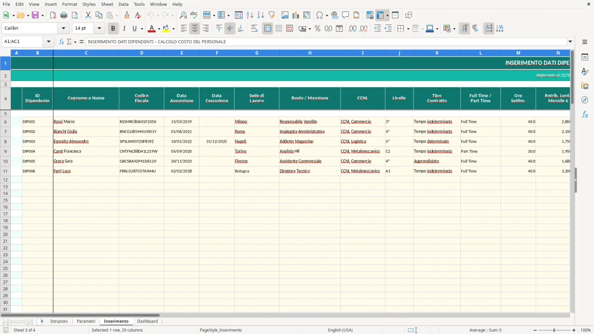 Screenshot 3: Foglio Inserimento - Modello Excel calcolo costo del personale excel