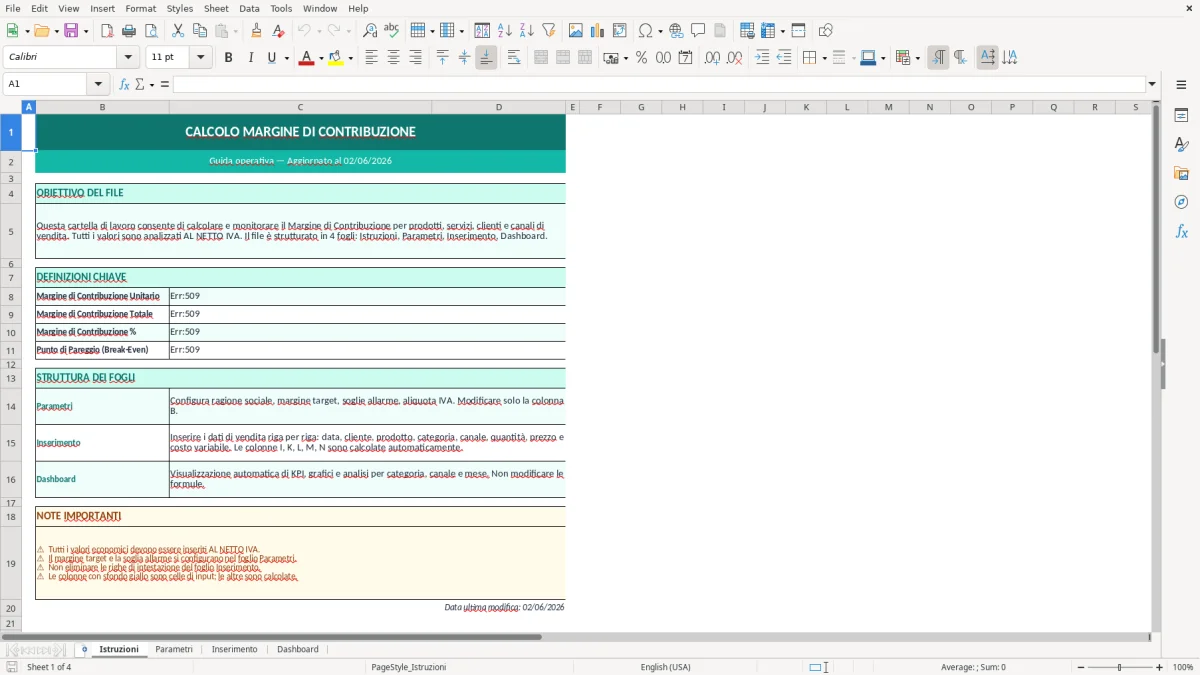 Screenshot 1: Foglio Istruzioni - Modello Excel calcolo margine di contribuzione excel