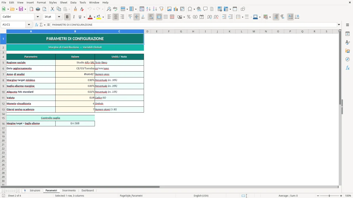 Screenshot 2: Foglio Parametri - Modello Excel calcolo margine di contribuzione excel