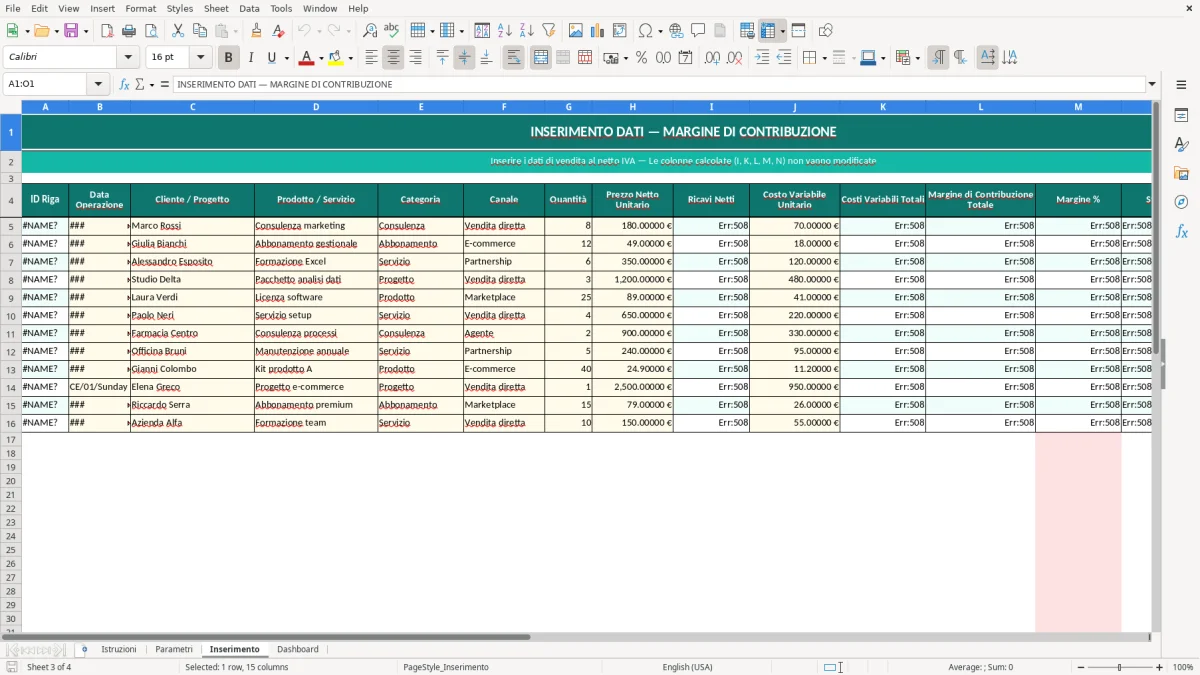 Screenshot 3: Foglio Inserimento - Modello Excel calcolo margine di contribuzione excel