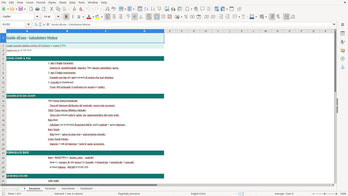 Screenshot 1: Foglio Istruzioni - Modello Excel calcolo rata mutuo excel