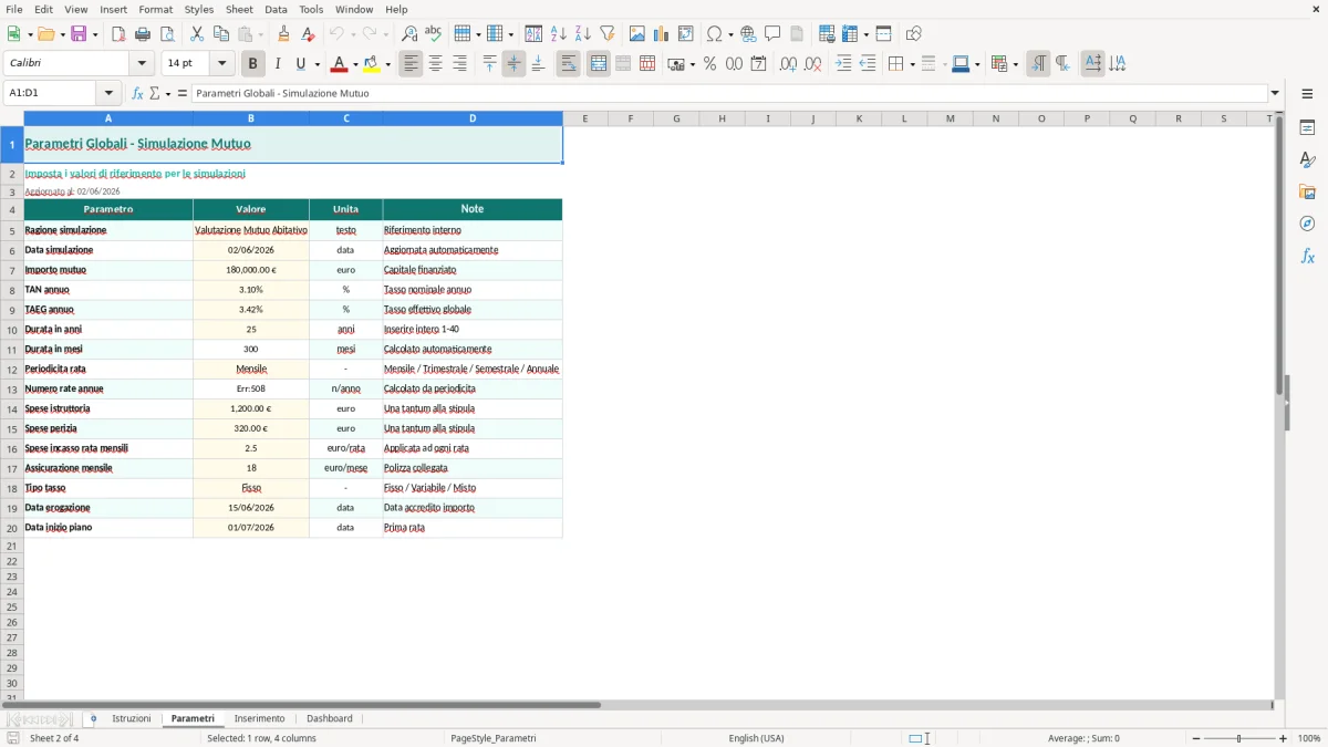 Screenshot 2: Foglio Parametri - Modello Excel calcolo rata mutuo excel