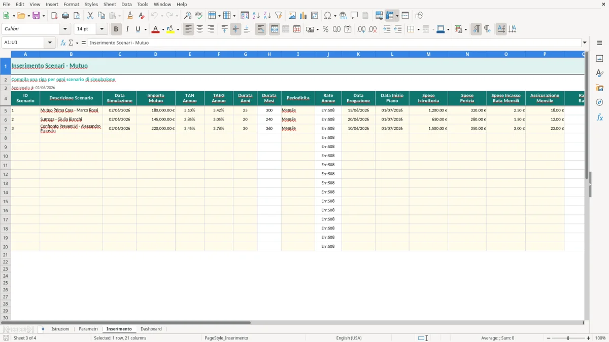 Screenshot 3: Foglio Inserimento - Modello Excel calcolo rata mutuo excel