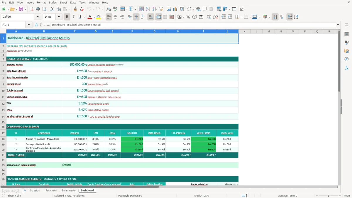 Screenshot 4: Foglio Dashboard - Modello Excel calcolo rata mutuo excel