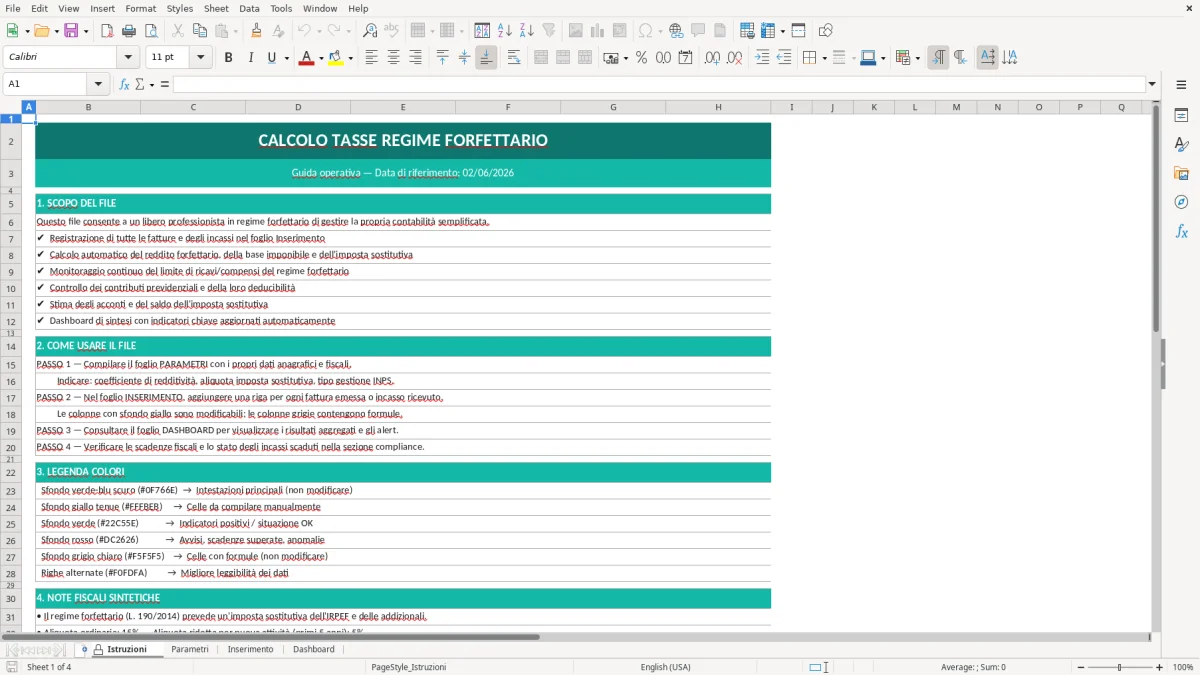 Screenshot 1: Foglio Istruzioni - Modello Excel calcolo tasse regime forfettario excel