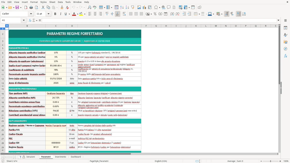 Screenshot 2: Foglio Parametri - Modello Excel calcolo tasse regime forfettario excel