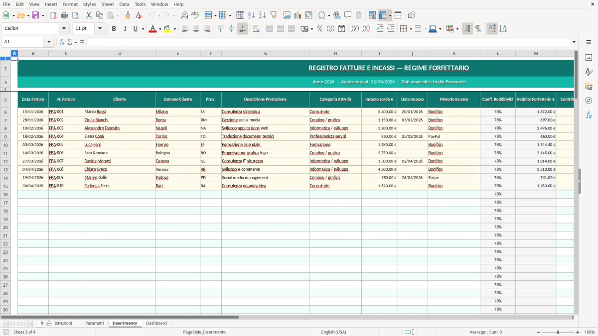 Screenshot 3: Foglio Inserimento - Modello Excel calcolo tasse regime forfettario excel