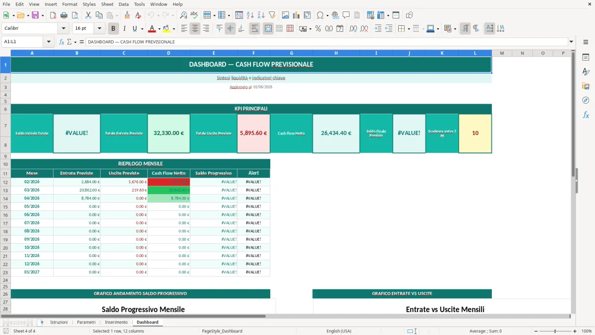 Screenshot 1: Foglio Istruzioni - Modello Excel cash flow previsionale excel