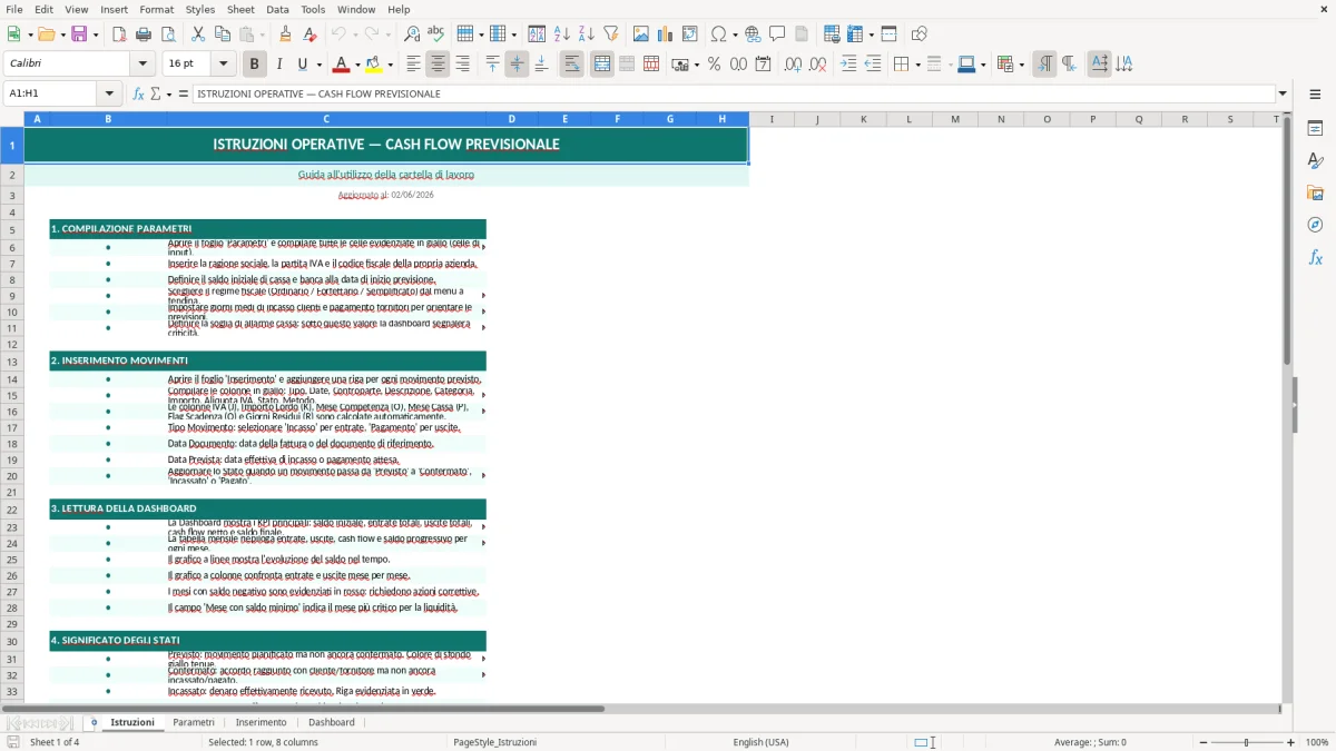 Screenshot 2: Foglio Parametri - Modello Excel cash flow previsionale excel