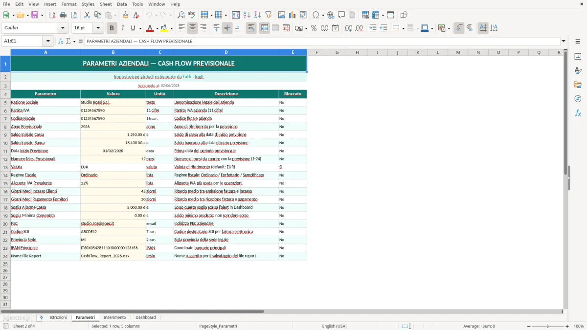 Screenshot 3: Foglio Inserimento - Modello Excel cash flow previsionale excel