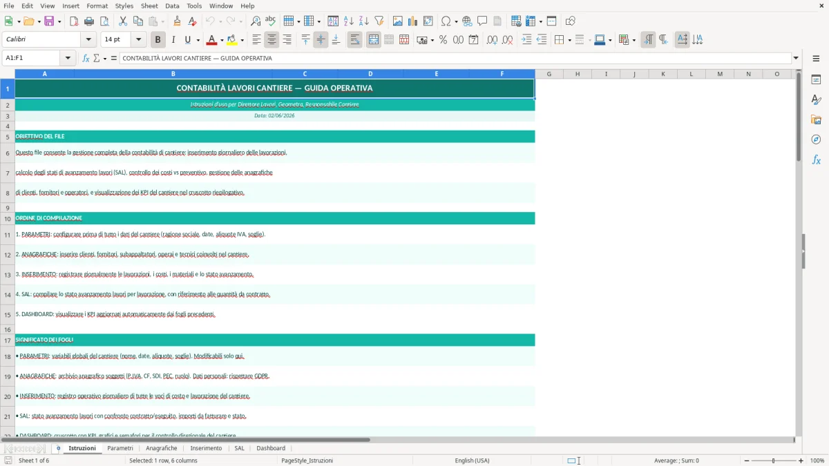 Screenshot 2: Foglio Parametri - Modello Excel contabilità lavori cantiere excel