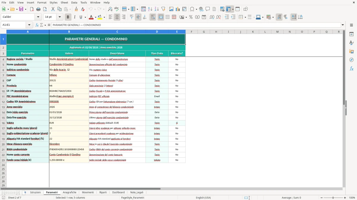 Screenshot 2: Foglio Parametri - Modello Excel gestione condominio excel