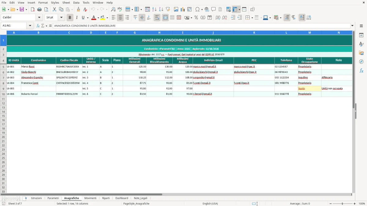 Screenshot 3: Foglio Anagrafiche - Modello Excel gestione condominio excel