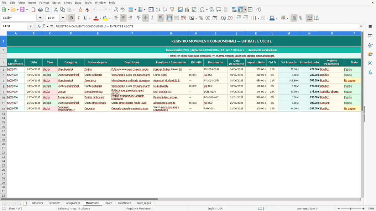 Screenshot 4: Foglio Movimenti - Modello Excel gestione condominio excel
