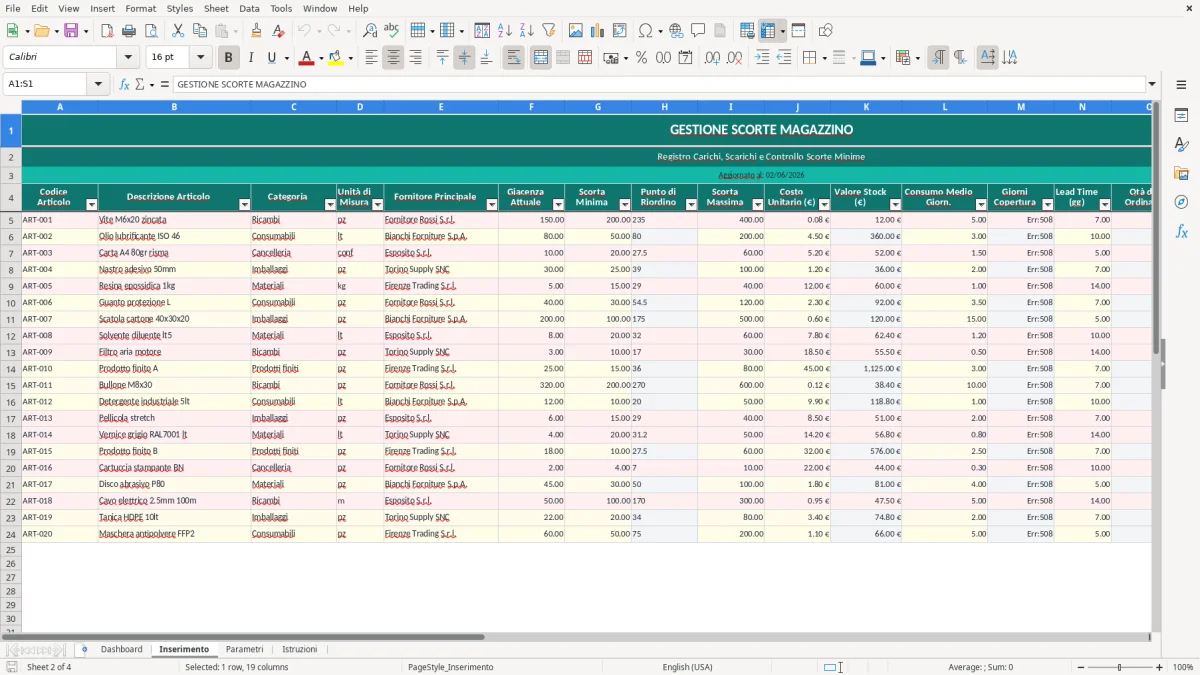 Screenshot 2: Foglio Inserimento - Modello Excel gestione scorte minime excel