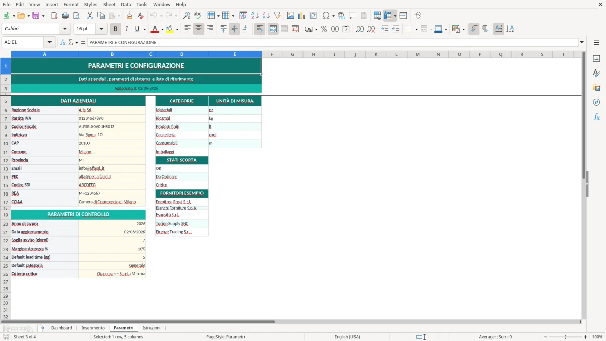 Screenshot 3: Foglio Parametri - Modello Excel gestione scorte minime excel
