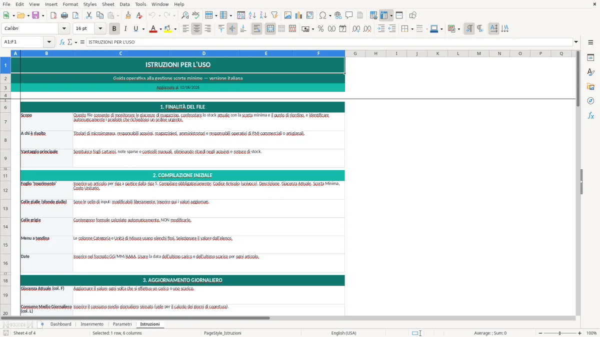 Screenshot 4: Foglio Istruzioni - Modello Excel gestione scorte minime excel