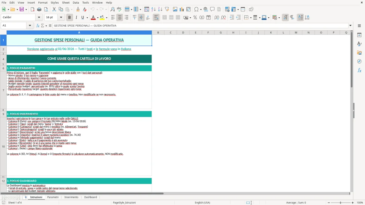 Screenshot 1: Foglio Istruzioni - Modello Excel gestione spese personali excel