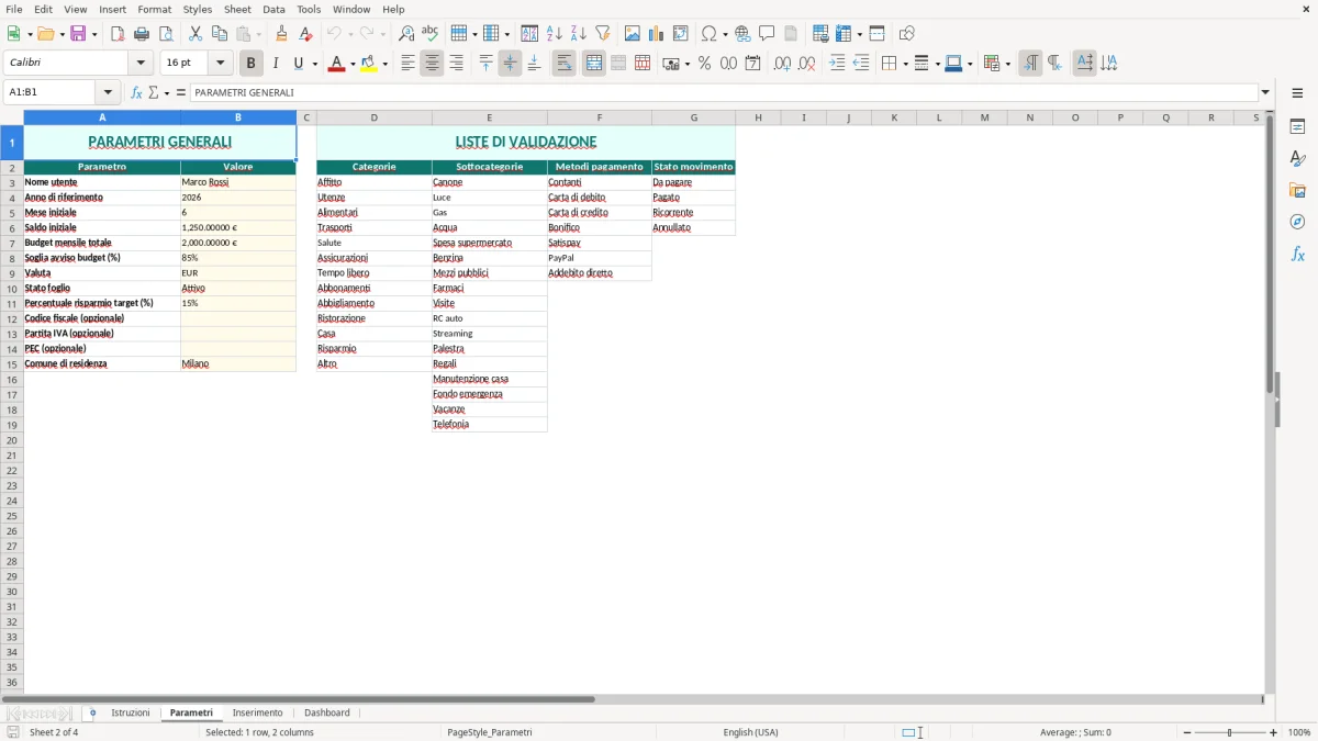 Screenshot 2: Foglio Parametri - Modello Excel gestione spese personali excel