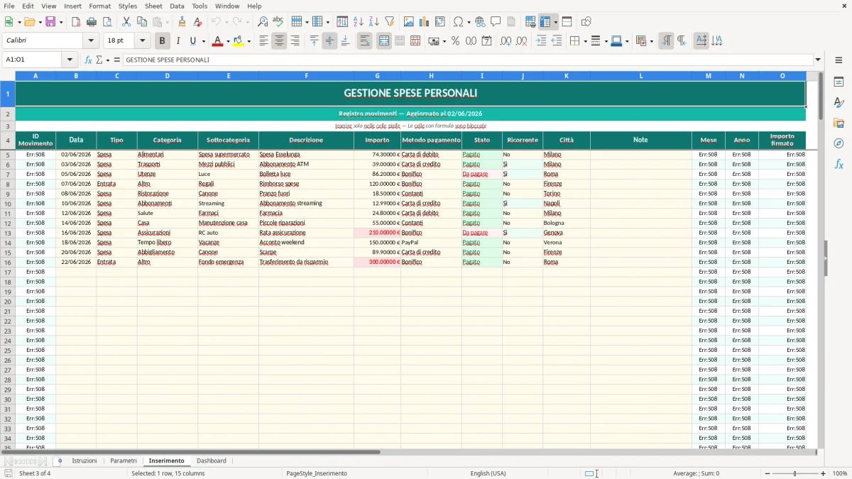 Screenshot 3: Foglio Inserimento - Modello Excel gestione spese personali excel