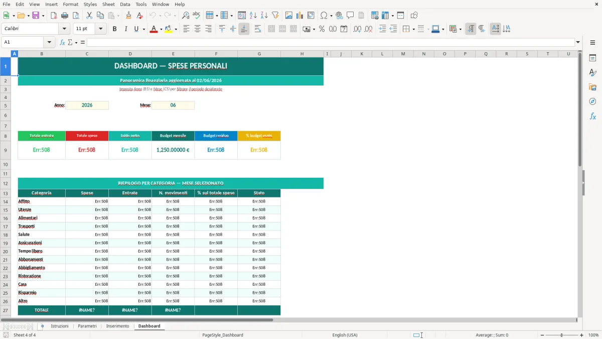 Screenshot 4: Foglio Dashboard - Modello Excel gestione spese personali excel