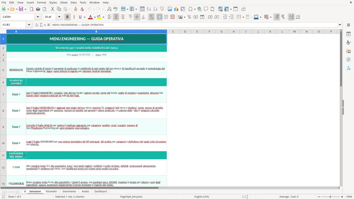 Screenshot 1: Foglio Istruzioni - Modello Excel menu engineering excel